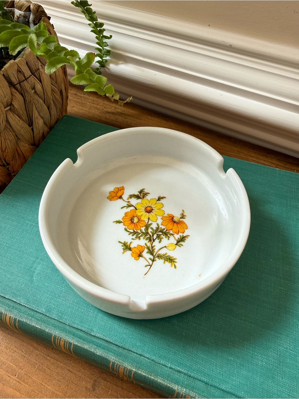 Vintage Ceramic Ashtray with Yellow Floral Motif